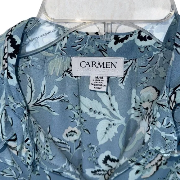Carmen Marc Valvo Blue Floral Ruffle Blouse Sz M Sleeveless Lightweight Top - Picture 4 of 5